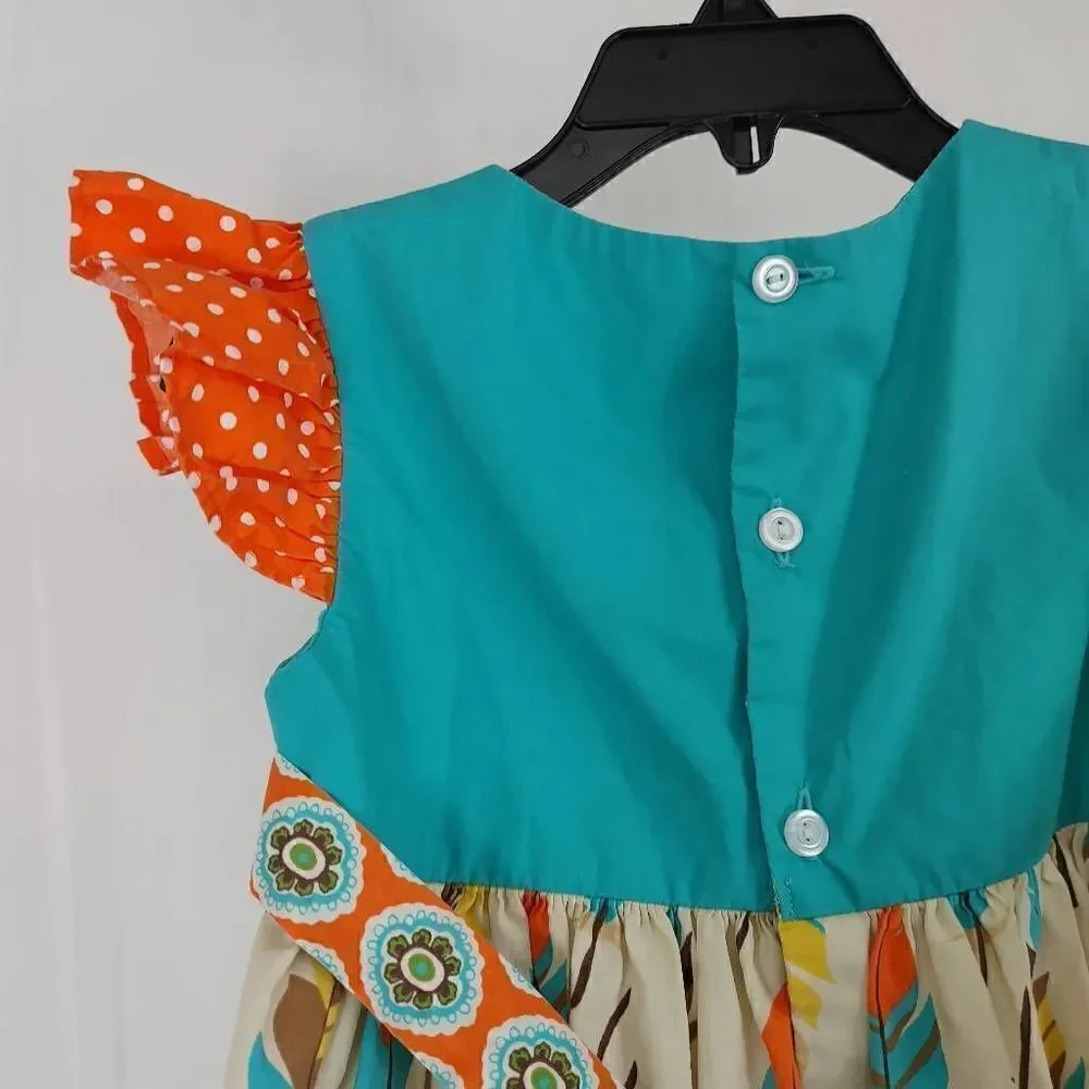 Eleanor Rose Feather Dress Turquoise Orange Polka Dot Toddler Girls Size 2T.